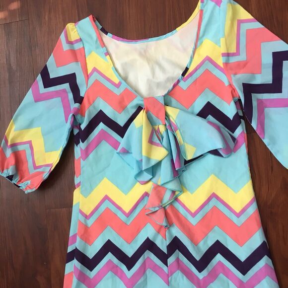Jun & Min Sz Small Pastel Color Chevron Party Dress Puffy Sleeves Bow On Back - Picture 7 of 12